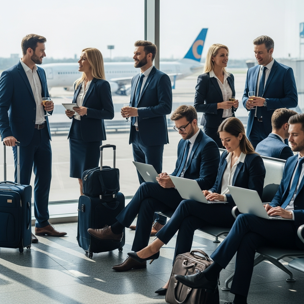 buisnesstravel.png.371z Group of Business Professionals Working and Networking at Airport Departure Gate